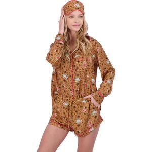 Women’s Brown Floral Satin Pajama Romper with Eye Mask